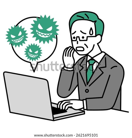 Middle-aged man in a suit is troubled by a computer virus infection on his computer