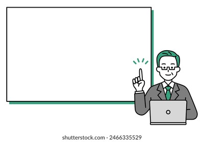 A middle-aged man in a suit working on a laptop explaining points in front of a whiteboard
