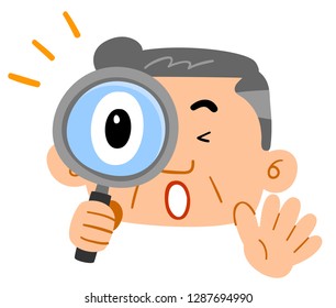 A middle-aged man surprised by looking into the magnifying glass