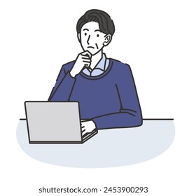 Middle-aged man thinking while using a computer