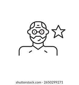 Homem de meia idade usando óculos. Mentor favorito, professor ou usuário mais bem avaliado. Pixel perfeito, ícone de vetor de traçado editável
