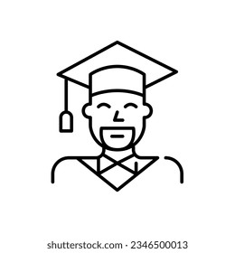 Middle-aged man wearing mortar and gown. College graduate. Pixel perfect, editable stroke