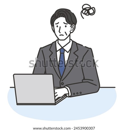A middle-aged man wearing a suit is having trouble while using a computer.