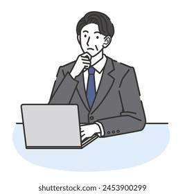 A middle-aged man wearing a suit thinking while using a computer