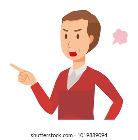 A middle-aged man wearing a sweater is angrily pointing to a finger