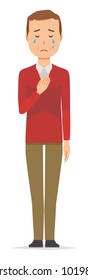A middle-aged man wearing a sweater is crying
