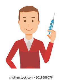 A middle-aged man wearing a sweater has a syringe
