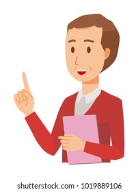 A middle-aged man wearing a sweater has a file. And he points out