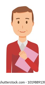 A middle-aged man wearing a sweater has a file