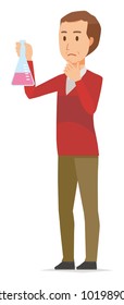 A middle-aged man wearing a sweater has an erlenmeyer flask