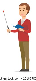 A middle-aged man wearing a sweater has a pointer