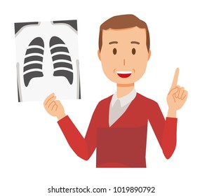 A middle-aged man wearing a sweater has an X-ray picture