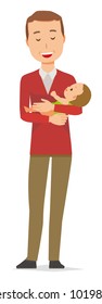 A middle-aged man wearing a sweater is hugging a baby