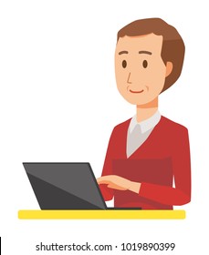 A middle-aged man wearing a sweater is operating a laptop computer
