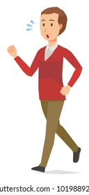 A middle-aged man wearing a sweater is running
