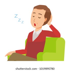 A middle-aged man wearing a sweater is sleeping on a sofa