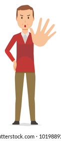 A middle-aged man wearing a sweater is stop gesture