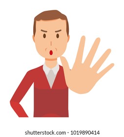 A middle-aged man wearing a sweater is stop gesture