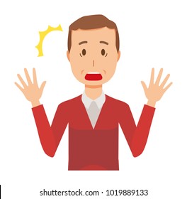 A middle-aged man wearing a sweater is surprised
