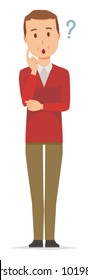 A middle-aged man wearing a sweater is thinking