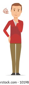 A middle-aged man wearing a sweater is in trouble