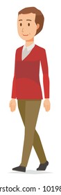 A middle-aged man wearing a sweater is walking