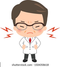 Middle-aged man in a white coat with intimidating attitude