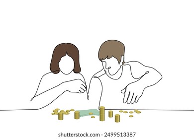 middle-aged man and woman counting money - one line art vector. concept of monetary savings in marriage, shared budget. Handmade vector not AI