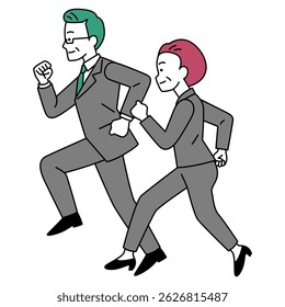 Middle-aged man and woman in running suits (sideways)
