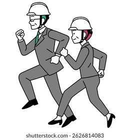 Middle-aged man and woman in suits and helmets running (sideways)