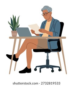 Hombre de mediana edad que trabaja en un escritorio de la oficina en casa con el ordenador portátil, la planta, y la configuración profesional limpia. Ilustración vectorial moderna plana aislada sobre fondo blanco