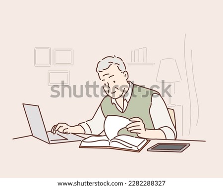 Middle-aged man working from home-office on laptop. Hand drawn style vector design illustrations.