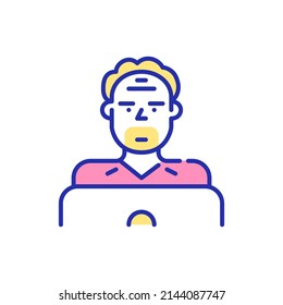 Middle-aged man working at a laptop. Older Internet user. Pixel perfect, editable stroke fun color icon