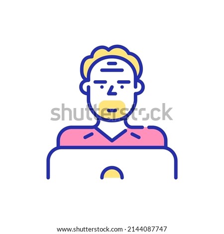 Middle-aged man working at a laptop. Older Internet user. Pixel perfect, editable stroke fun color icon