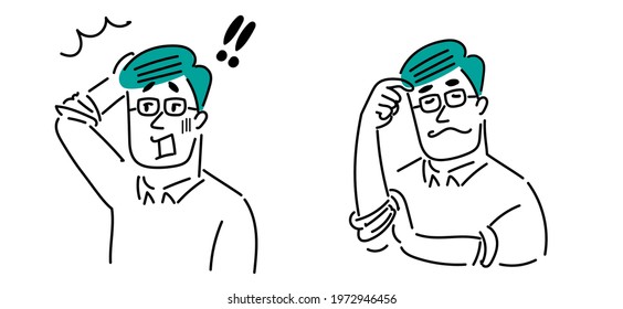 Middle-aged men in glasses manga-style illustration material. Shocked. Thinking.