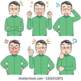 Middle-aged men have various facial expressions.