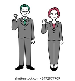 Middle-aged men and women in suits doing fist pumps