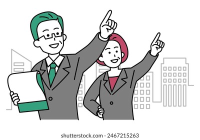 Middle-aged men and women in suits pointing into the distance in the city