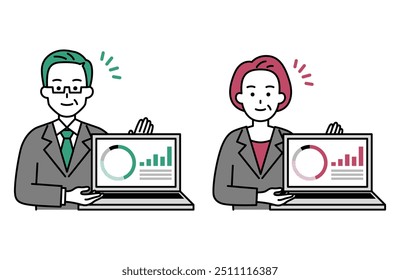 Middle-aged men and women in suits providing asset management guidance on a laptop screen