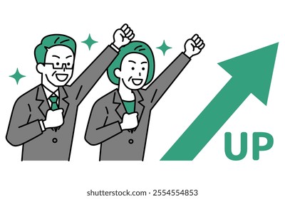 Middle-aged men and women in suits rejoicing with rising arrows and fist pumps