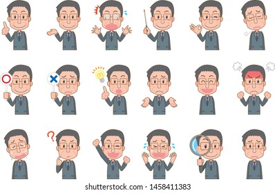 Middle-aged men's facial expression variation set illustration wearing a suit