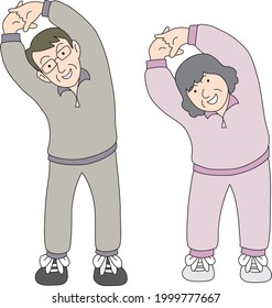 Middle-aged and older couple stretching together