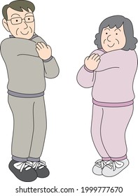 Middle-aged and older couple stretching together