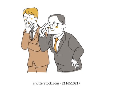 A middle-aged and older man who is paying attention to the side, a comical handwritten person illustration, a simple coloring on a vector line drawing, a white background