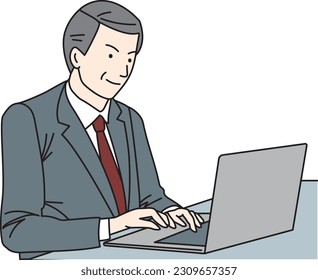 Hombre oriental de mediana edad vestido con traje, con computadora portátil