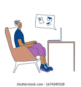 Middle-aged person sitting at laptop and working out at home. Female  freelancers doing their job in her room. Woman browsing on internet and getting a messagees and mails. Vector  illustration.