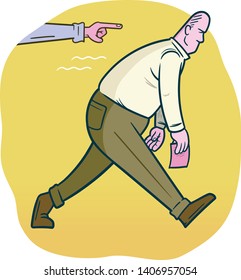 Middle-aged schlub slumps towards the exit. The hand of his superior helps out by providing direction.