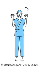 Middle-aged and senior female admitted patient in hospital gown raising her hand in surprise, Vector Illustration