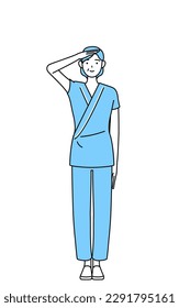 Middle-aged and senior female admitted patient in hospital gown making a salute, Vector Illustration