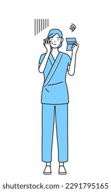 Middle-aged and senior female admitted patient in hospital gown looking at her bankbook and feeling depressed, Vector Illustration